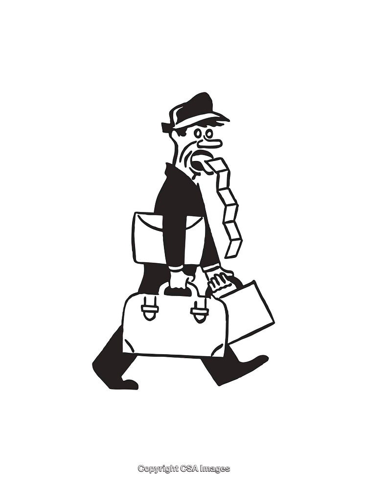 Black and White Illustration of a Character Carrying Luggage