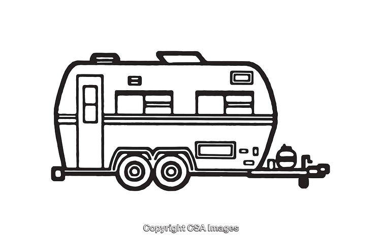 Black and White Line Art Illustration of a Retro Camper Trailer