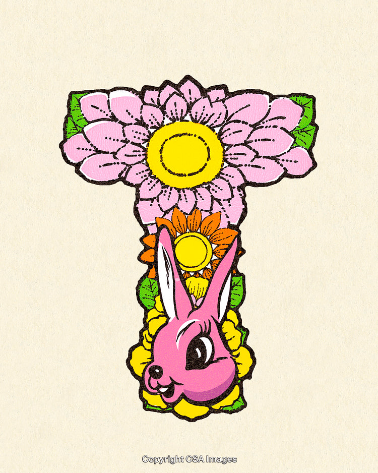 Vibrant Floral Typography Featuring Animated Pink Bunny and Sun Illustrations