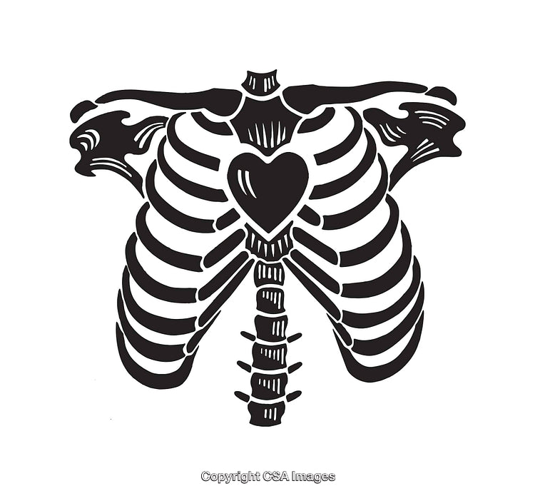 Black and White Line Illustration of Ribcage Design with Heart Detail