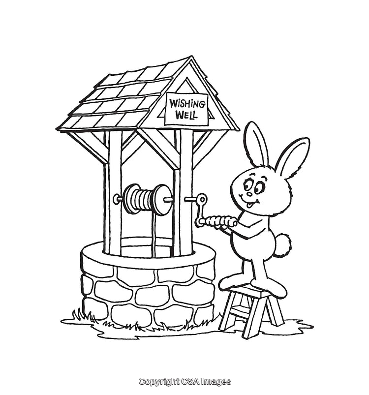 Line Art Illustration of Wishing Well and Playful Rabbit