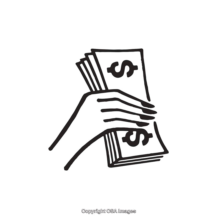 Black and White Line Art of Hand Holding Money Stack