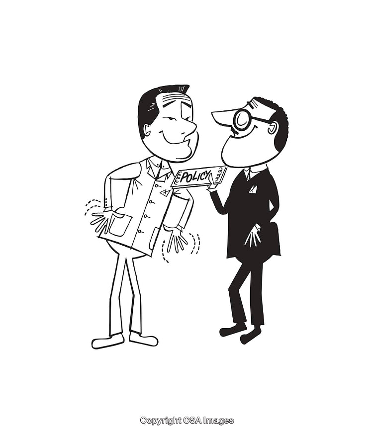 Black and White Illustration Featuring Business Interaction and Policy Document Exchange