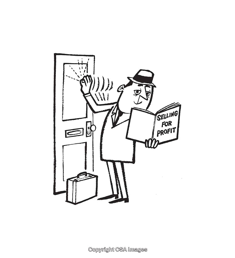Cartoon Illustration of a Door-to-Door Salesman Reading Selling Book