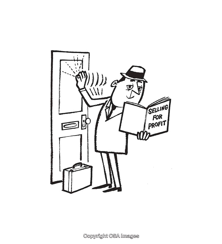 Cartoon Illustration of a Door-to-Door Salesman Reading Selling Book