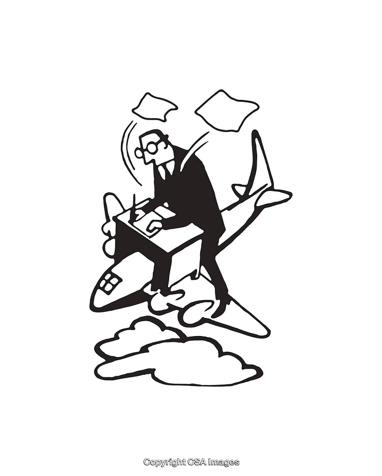 Black And White Line Art of Businessperson Working Mid-Flight