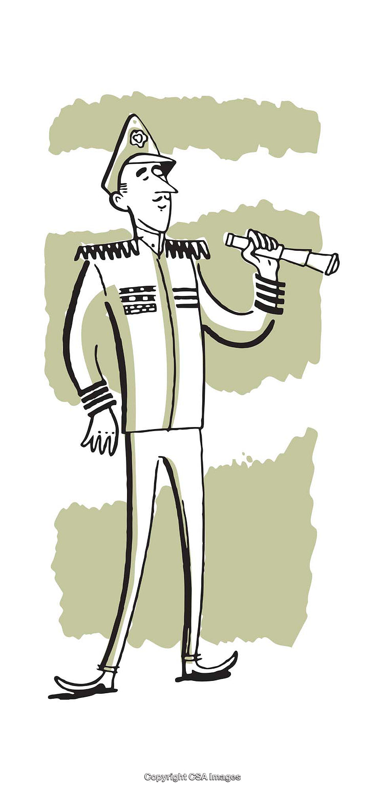 Cartoon Illustration of a Military Officer Using a Spyglass to Observe