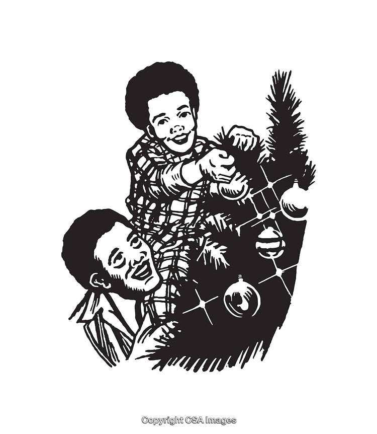 Father and Son Decorating a Christmas Tree Black and White Illustration