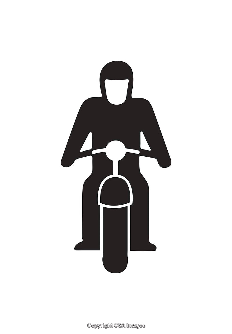 Black and White Icon of a Motorcyclist in Full Gear Riding Head-On