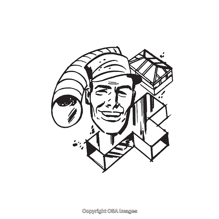 Black and White Line Art of a Worker and Industrial Elements