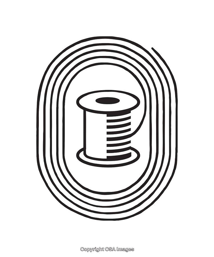 Black and White Line Art Depicting a Spool of Thread Icon