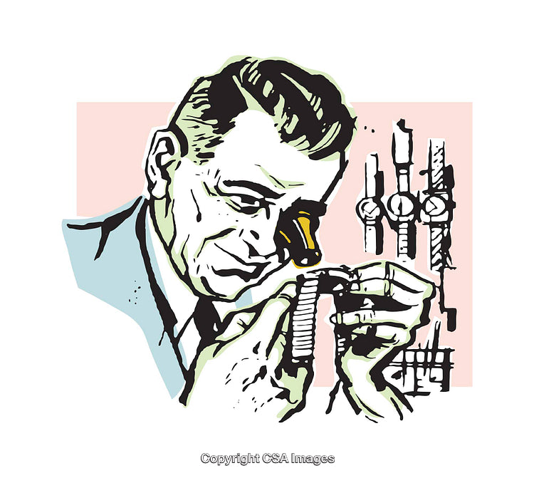 Vintage Illustration of a Watch Repairman Examining a Mechanical Part