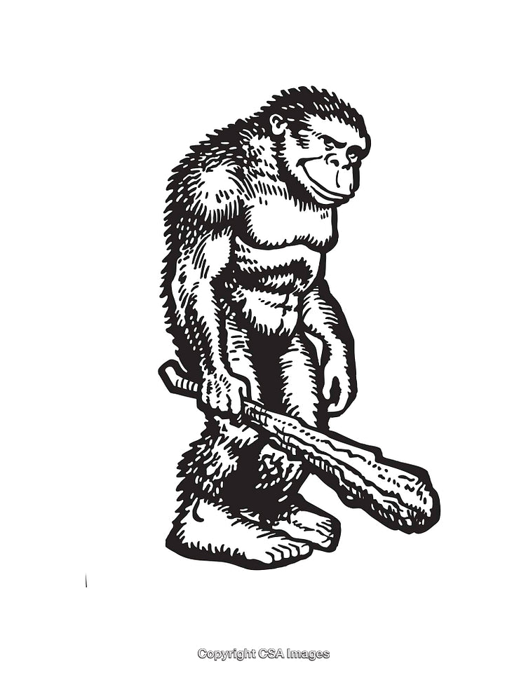 Black and White Line Art of Prehistoric Human Holding a Club