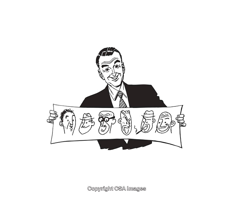 Businessman Displaying Cartoon Character Sketches in Black and White Style