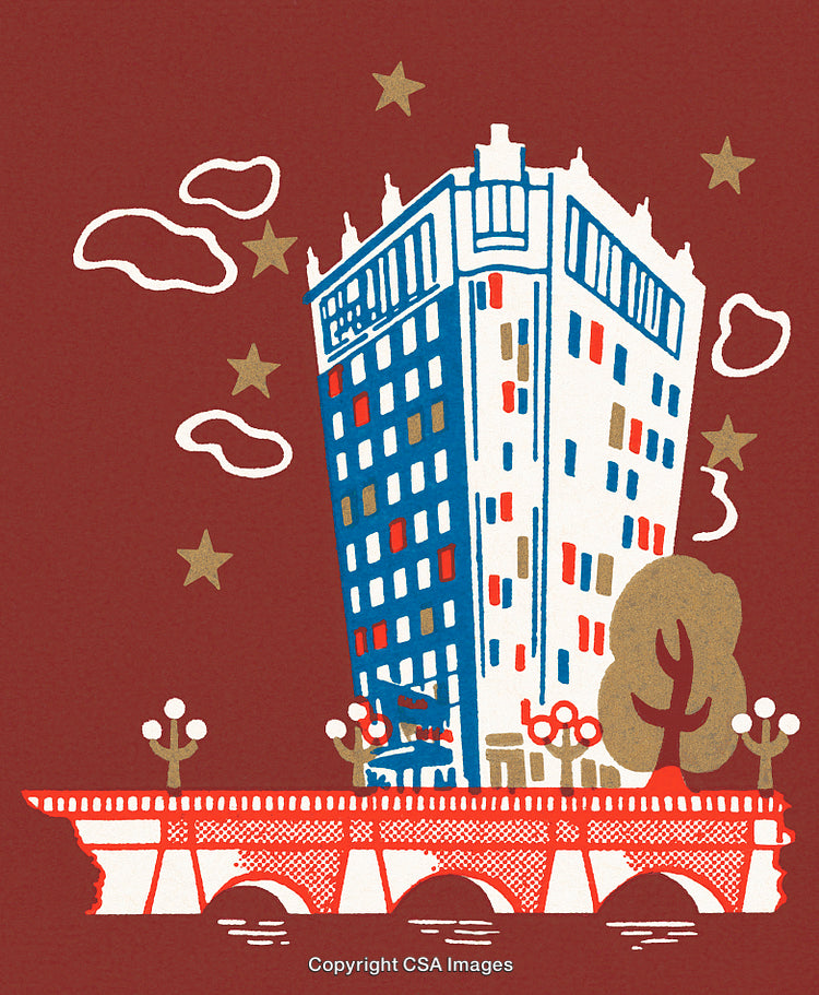 Stylized Illustration of a Colorful Building Near a Decorative Bridge