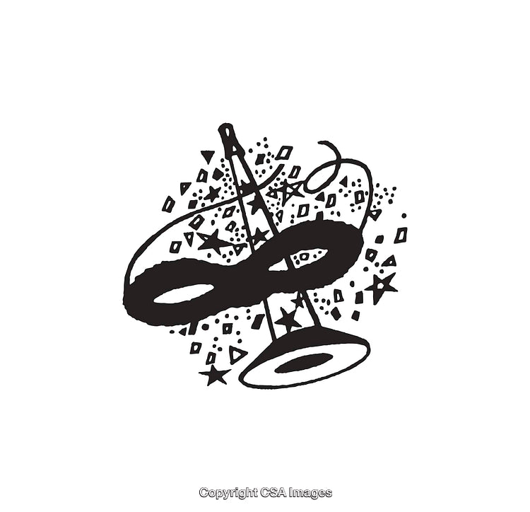 Black and White Illustration of Mask and Magic Hat with Stars and Shapes