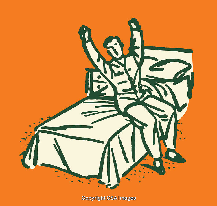 Vintage Artwork Depicting Morning Stretch on a Bed