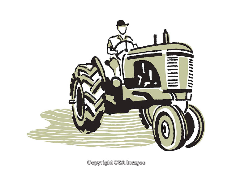 Illustrated Farmer Driving Classic Tractor in Field Scene