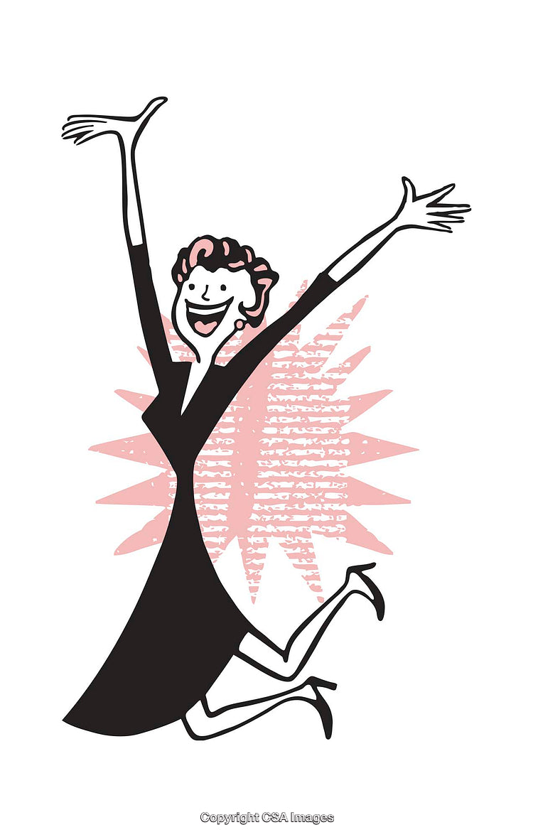 Energetic Woman Leaping with Joy in a Vibrant Retro Style Illustration