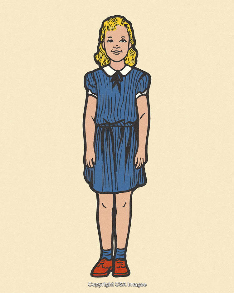 Vintage Illustration of a Smiling Girl Standing in a Blue Dress and Red Shoes