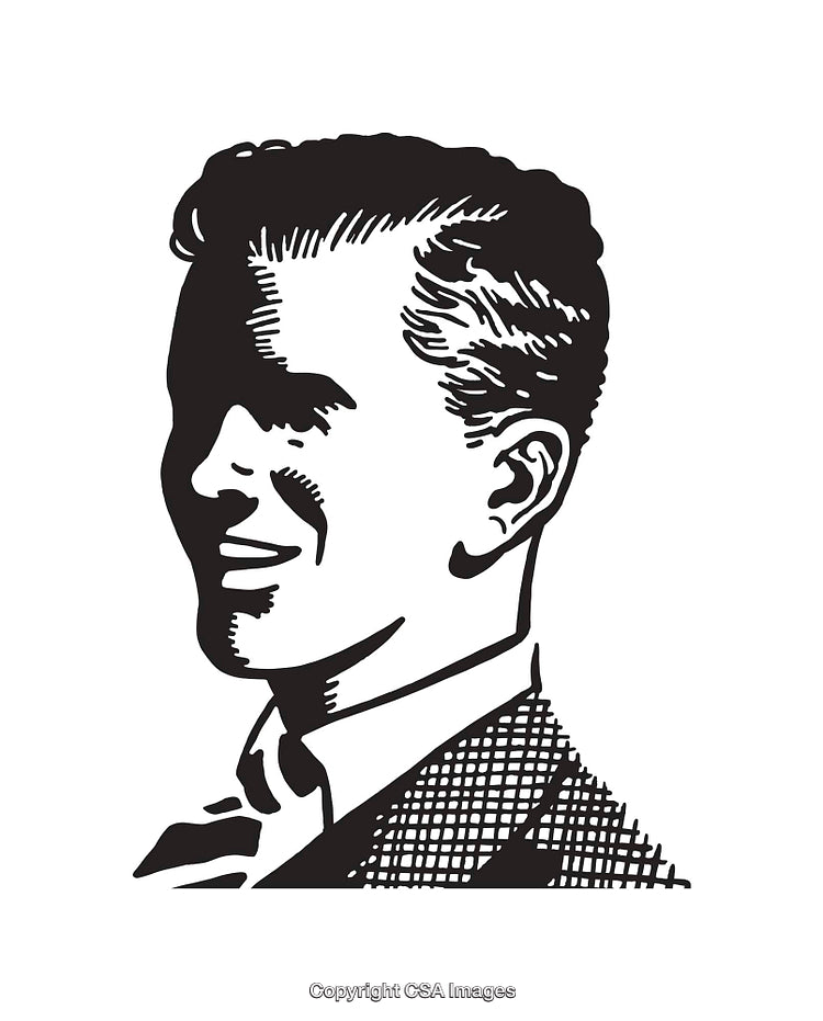 Vintage Black and White Line Art of a Smiling Gentleman