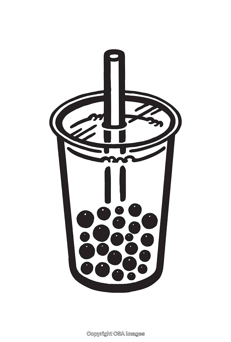 Black and White Line Art of Bubble Tea Cup with Tapioca Pearls