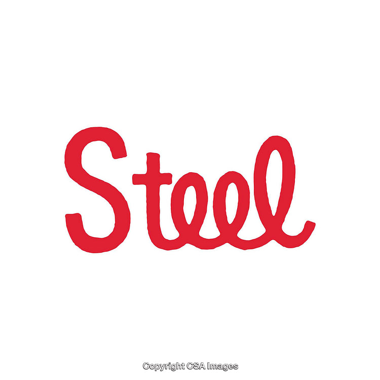 Steel Word in Red Script on White Background