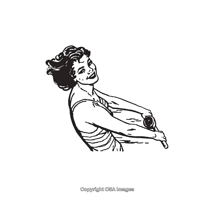 Vintage Black and White Illustration of a Smiling Woman in Retro Attire