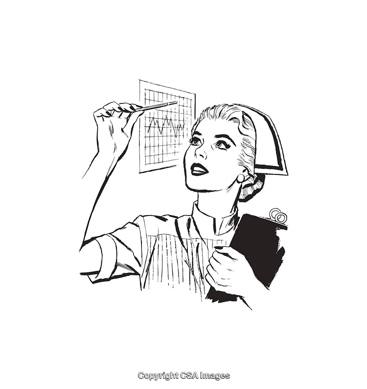Vintage Line Art of a Nurse Analyzing a Medical Graph