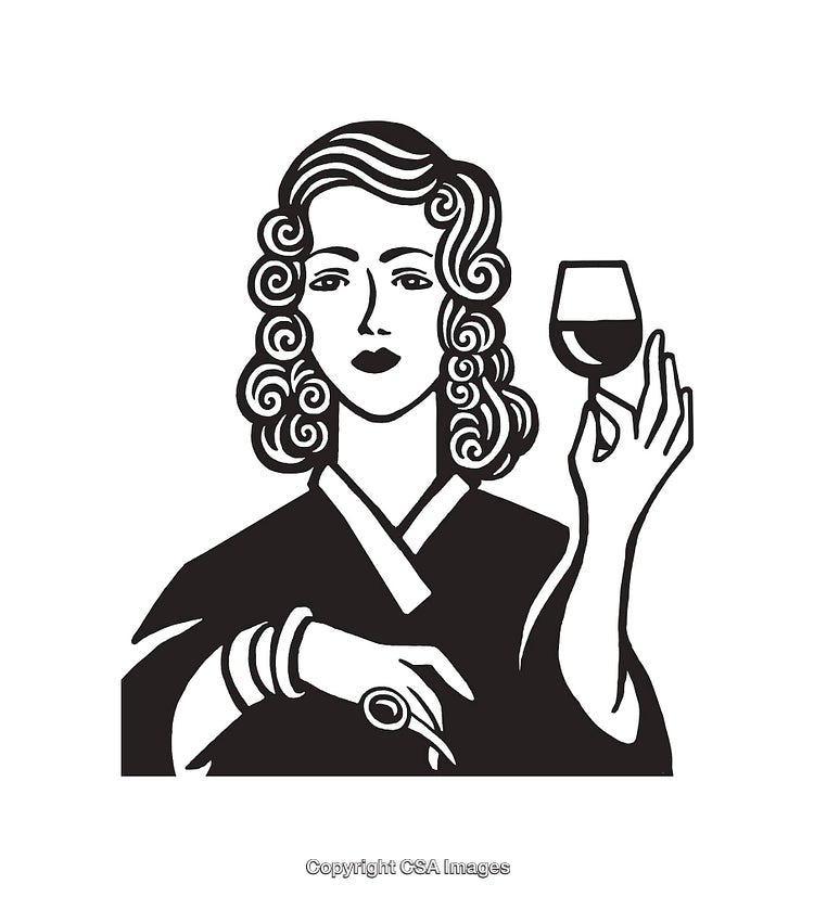 Elegant Black and White Illustration of a Woman Holding a Wine Glass