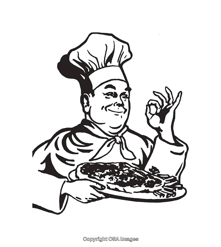 Classic Line Art of a Chef Holding a Pizza in Approval Pose