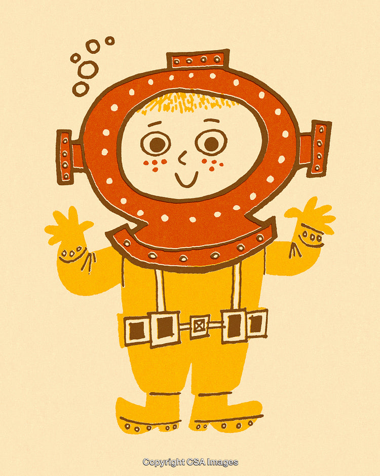 Playful Illustration of a Child in an Orange Diving Suit with a Smile