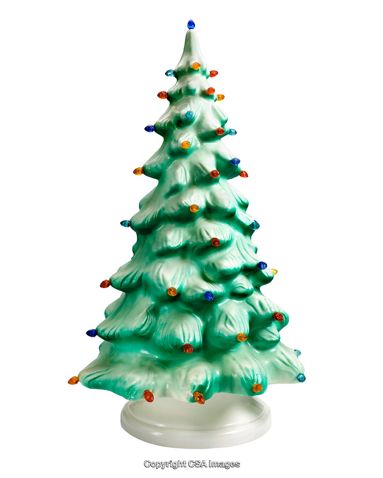 Vintage Ceramic Christmas Tree Decorated With Multicolored Lights on a White Base
