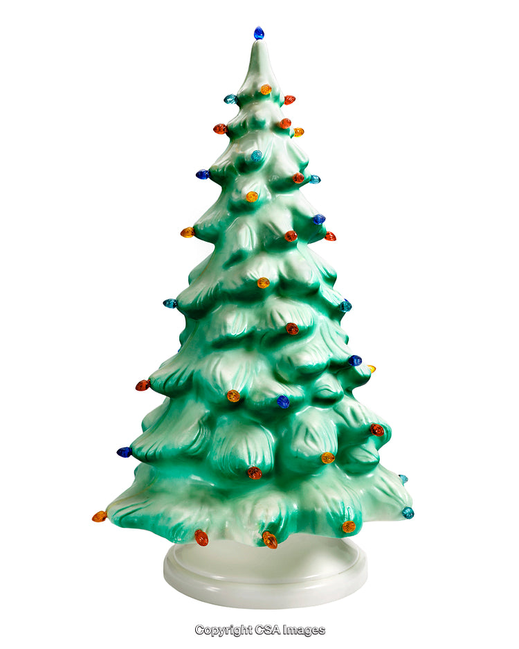 Vintage Ceramic Christmas Tree Decorated With Multicolored Lights on a White Base