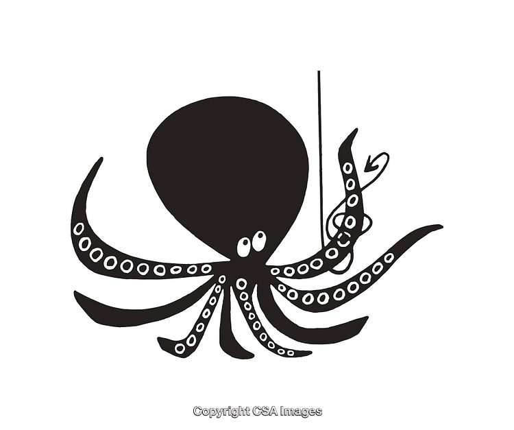 Black And White Line Art Illustration of a Playful Octopus with Tentacles Raised