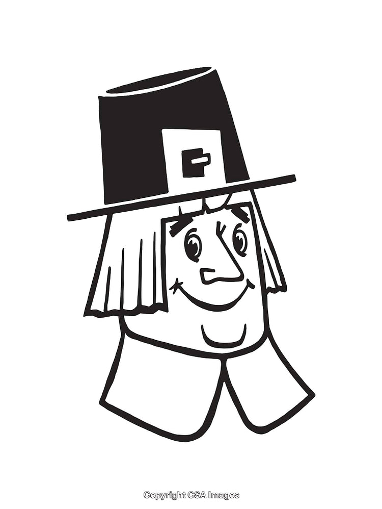 Black and White Lineart Illustration of a Pilgrim Man Smiling