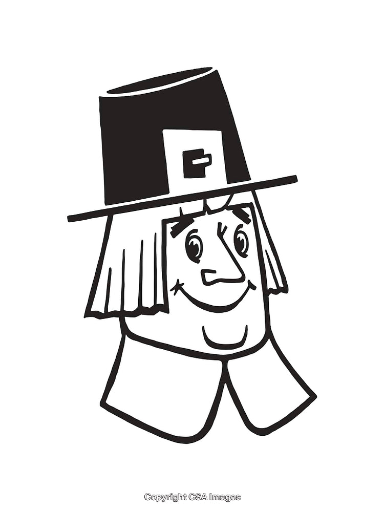Black and White Lineart Illustration of a Pilgrim Man Smiling