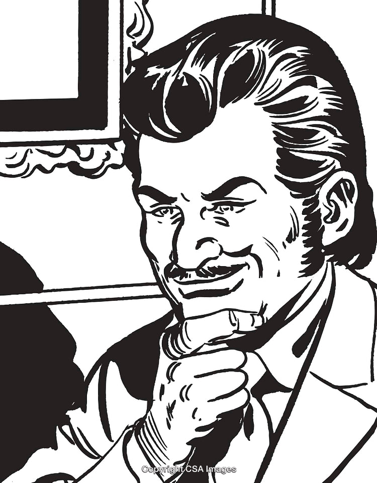 Monochrome Illustration of a Smiling Man in a Thoughtful Pose with a Suit