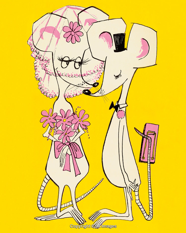 Whimsical Mouse Couple in Wedding Attire on Bright Yellow Background