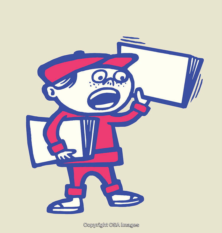 Vintage Illustration of a Cartoon Paperboy Holding a Newspaper in Retro Style