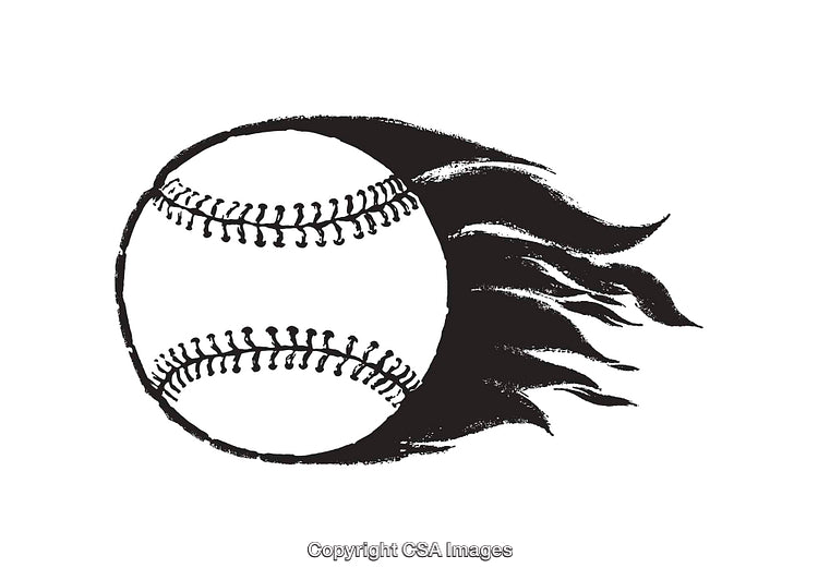 Dynamic Black and White Flaming Baseball Line Art Illustration