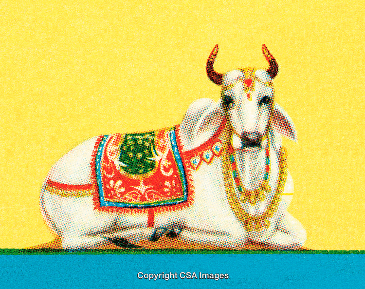 Decorated Sacred Cow Depiction with Ornate Details on Yellow Background
