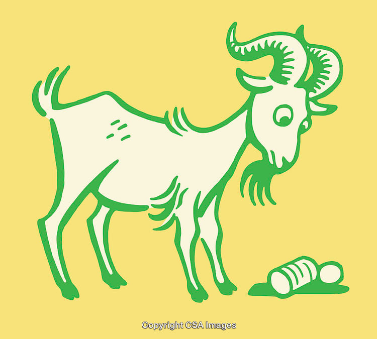 Colorful Goat Illustration Featuring A Curious Goat Observing Cans on Yellow Background