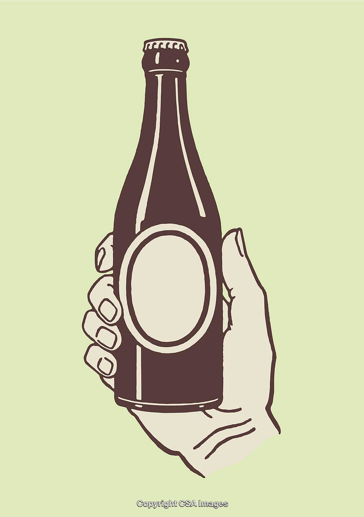 Vintage Hand Holding a Beverage Bottle Against a Soft Green Background