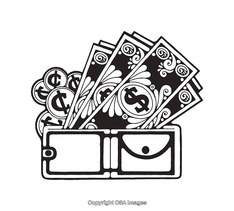 Black and White Line Art Illustration of Money in a Wallet