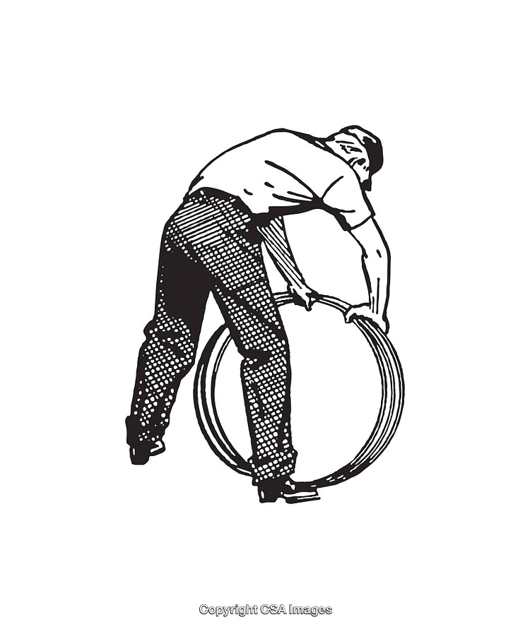 Vintage Black and White Line Art of Man Handling Coil