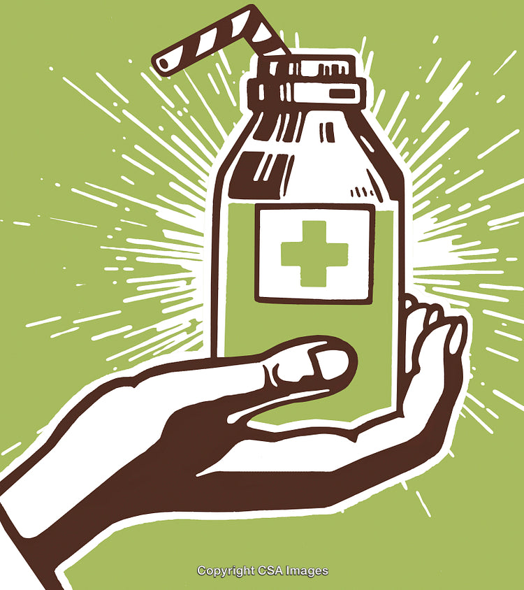 Hand Holding a Bottle with a Medical Cross Symbol Design