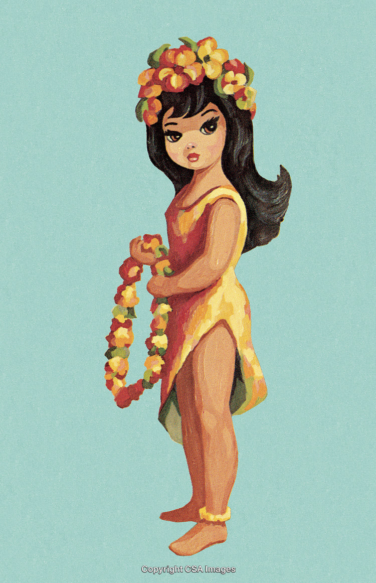 Hawaiian Woman Illustration Holding Lei with Flower Crown and Tropical Dress