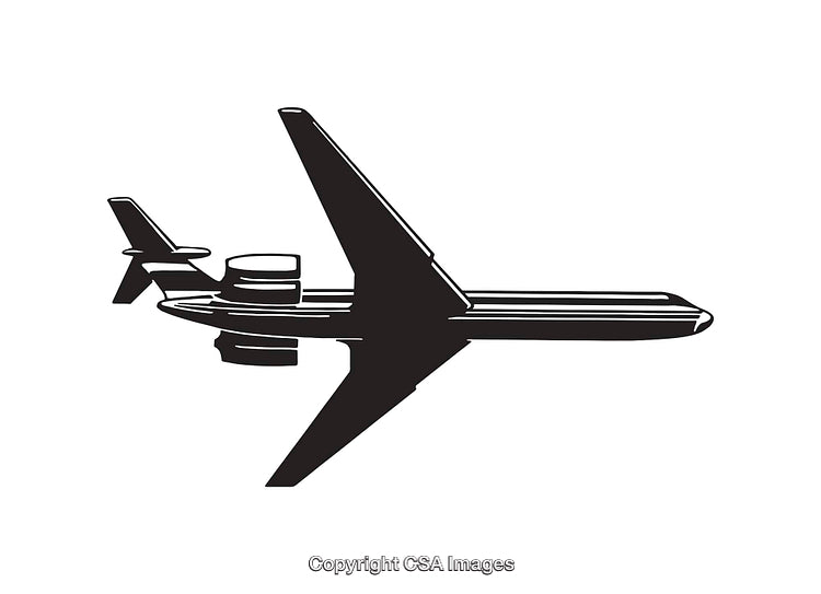 Black and White Line Art Illustration of an Airplane in Flight
