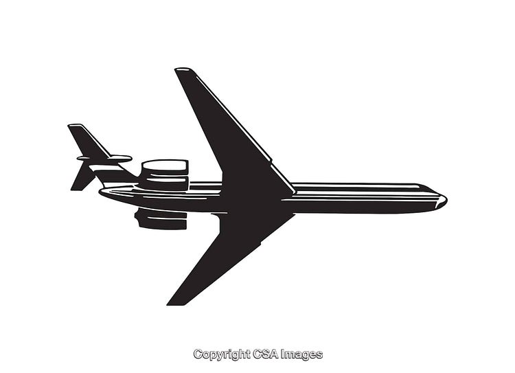 Black and White Line Art Illustration of an Airplane in Flight
